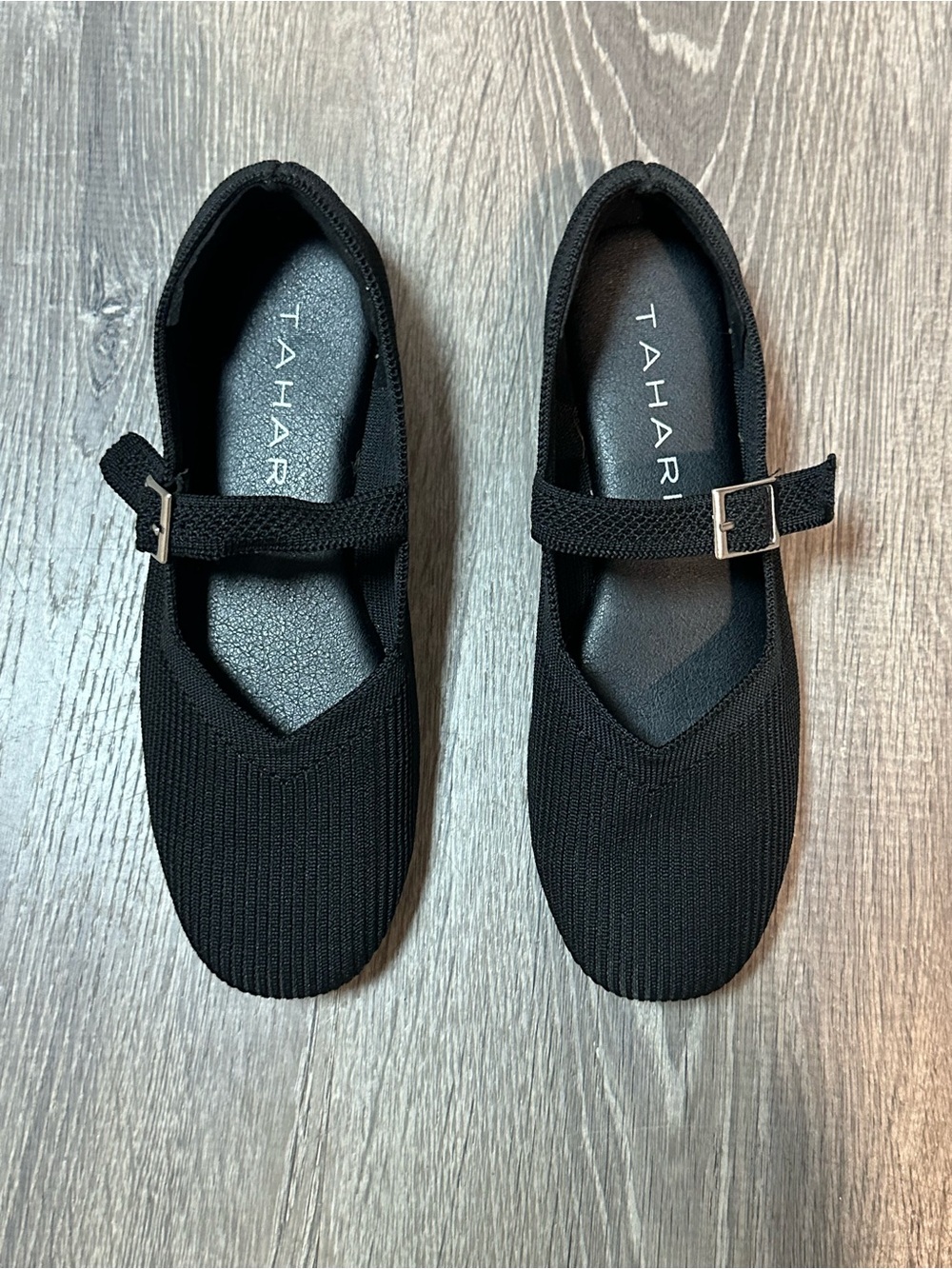 Tahari Black Knit Mary Jane Flats with Adjustable Strap